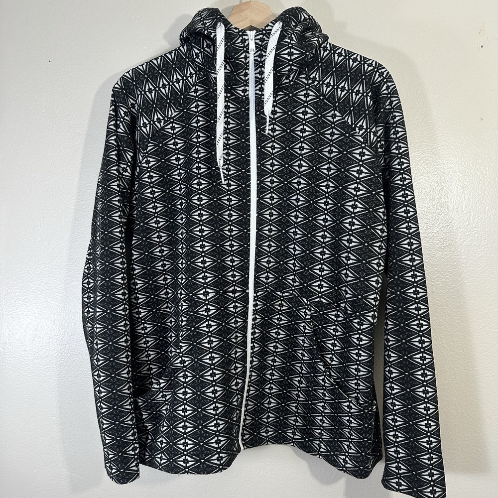 KAVU Sweater Womens XL Black White Geometric Hooded Pockets Full Zip
